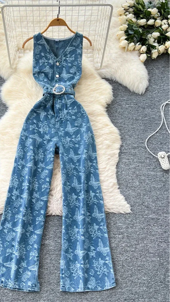 Vintage Denim Jumpsuit Female Sleeveless - Piña Colada