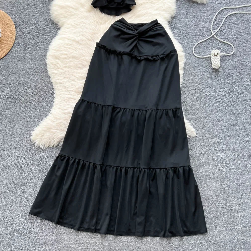Ruffled Halter Top & Long Skirt Set - Piña Colada