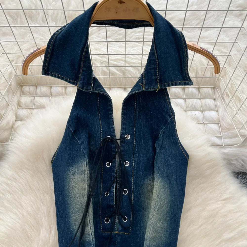 Vintage Denim Halter Top & Flare Pants Set – Retro Summer Outfit - Piña Colada