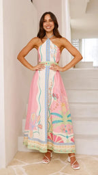 Floral Lace-Up Backless Camisole Dress – Knee-Length Elegance - Piña Colada