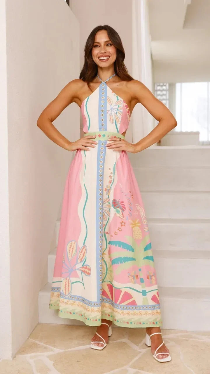 Floral Lace-Up Backless Camisole Dress – Knee-Length Elegance - Piña Colada