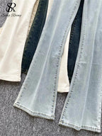 High-Waisted Flared Denim Pants with Faux Zippers – Streetwear Style - Piña Colada