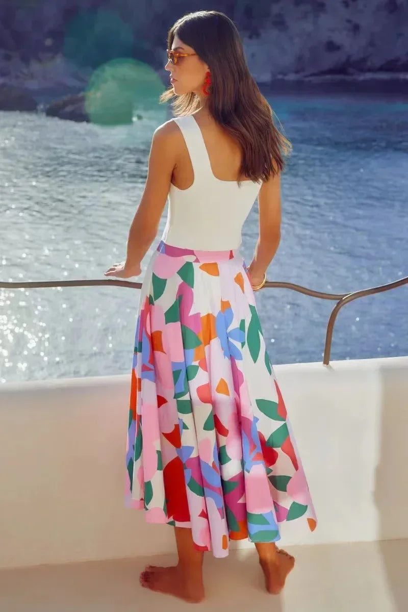 Long Printed Halter Neck Midi Skirt - Piña Colada