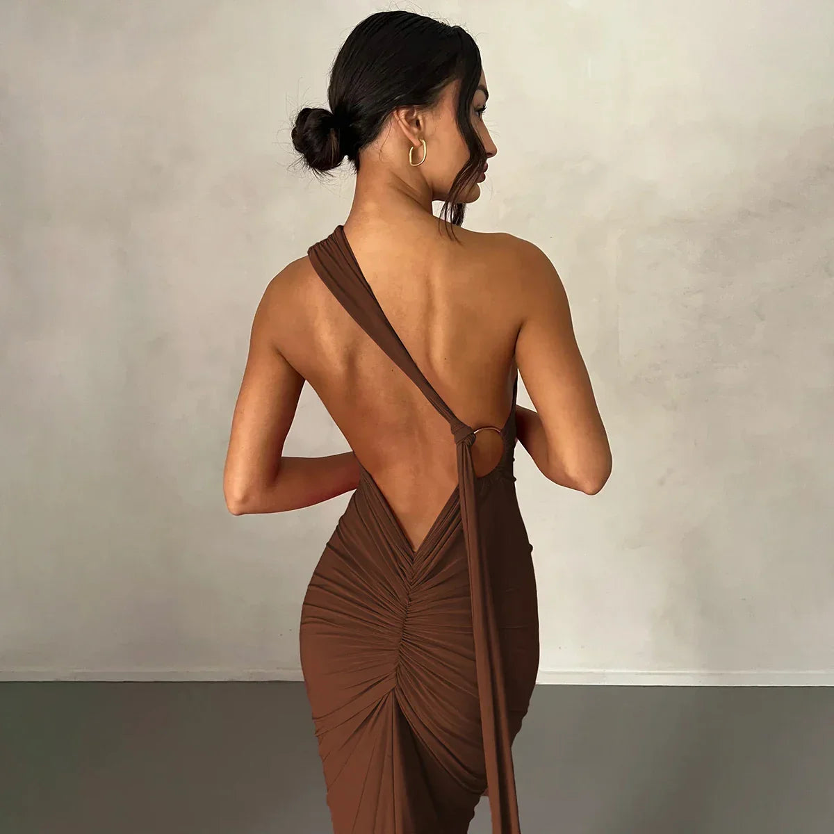 One Shoulder Backless Adjustable Scarf Maxi Dress - Piña Colada