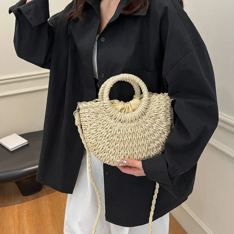 Boho Rattan Half-Moon Crossbody Bag – Handwoven Summer Straw Shoulder Purse - Piña Colada