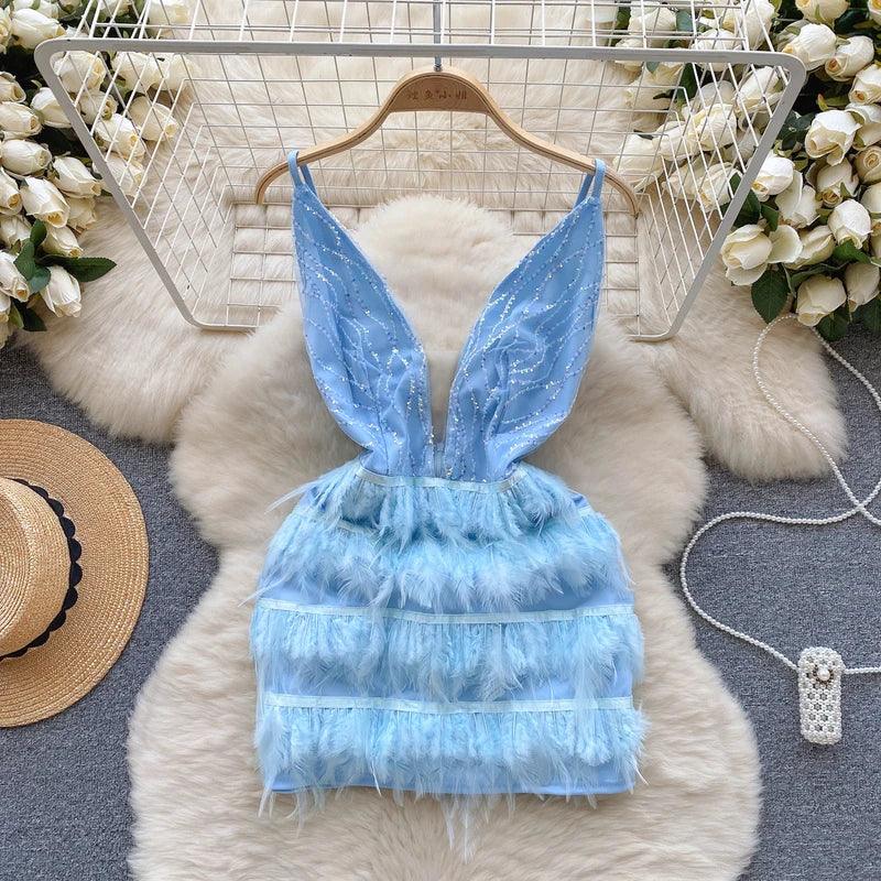 Feather-Trim Mini Dress – Sleek & Sexy Sleeveless - Piña Colada