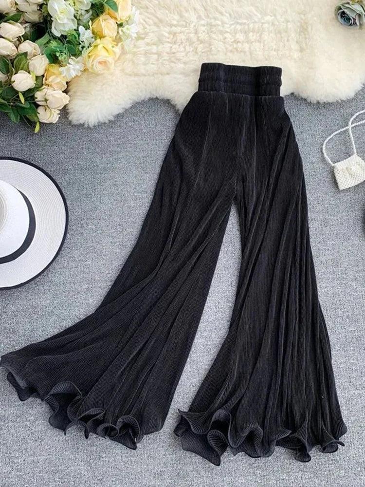 Light Chiffon Flowy Flare Pants – High Waist Summer Casual - Piña Colada