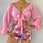 2 Piece Sets V-neck Long Sleeve Tops Slim Shorts - Piña Colada