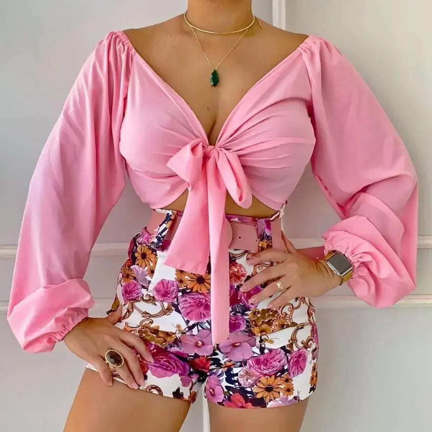 2 Piece Sets V-neck Long Sleeve Tops Slim Shorts - Piña Colada