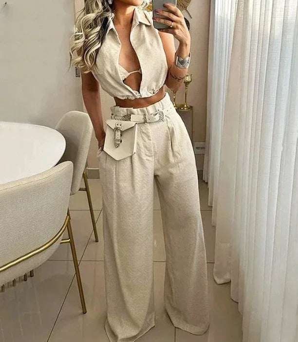 FANAN High Street V-Neck Two-Piece Cargo Set – Spring Style for Trendsetters - Piña Colada