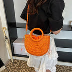 Boho Rattan Half-Moon Crossbody Bag – Handwoven Summer Straw Shoulder Purse - Piña Colada