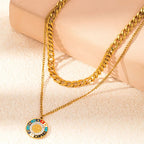 Double Layer Heart & Turquoise Evil Eye Necklace - Piña Colada