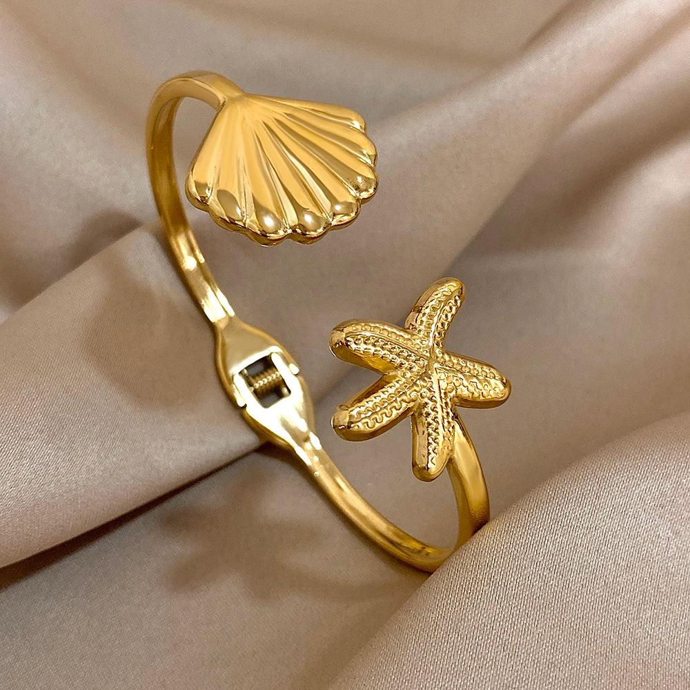 Stainless Steel Double Flower Cuff Bracelet - Piña Colada