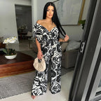 Women Leaf Printed Vintage Short Sleeve Wide Leg Jumpsuits - Piña Colada