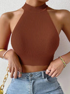 Backless Ribbed Knit Halter Crop Top – Slim Fit Casual Streetwear - Piña Colada