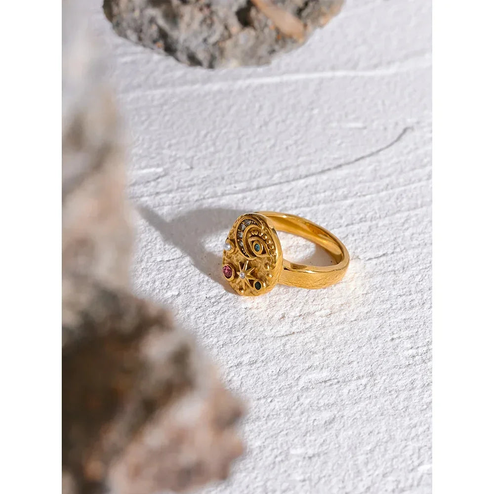 Stainless Steel Star Moon Eye Charms Ring - Piña Colada