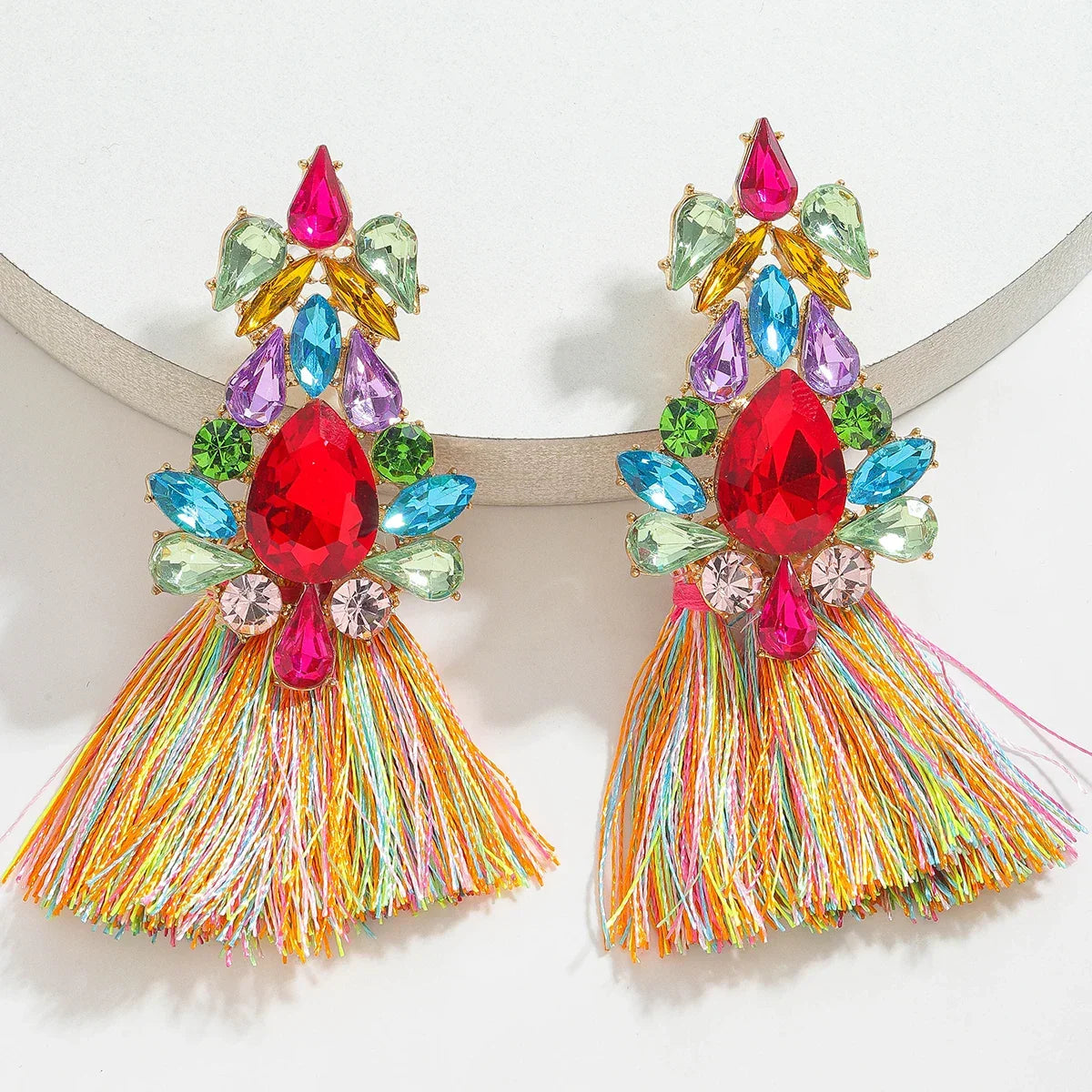 Boho Rhinestone Leaf Tassel Earrings – Statement Dangle Earrings for Women - Piña Colada