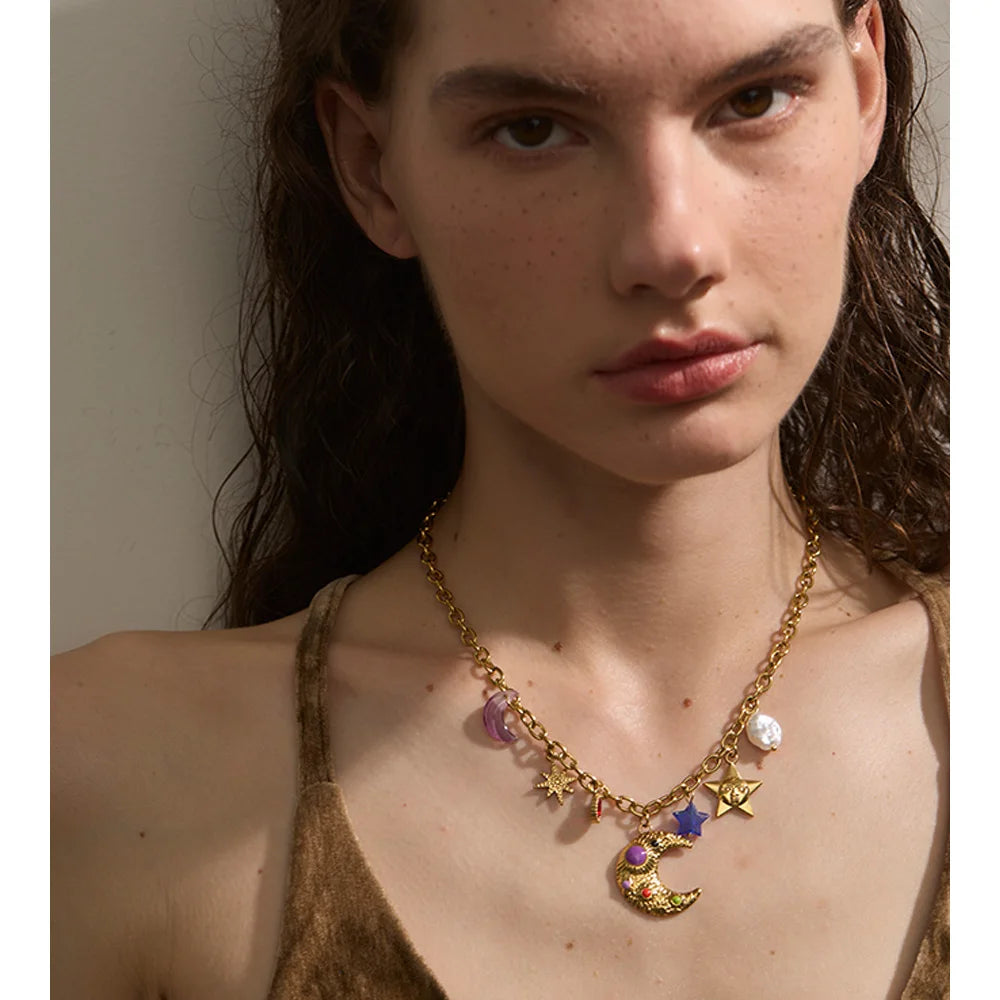 Gold Moon Pearl Pendant Necklace
