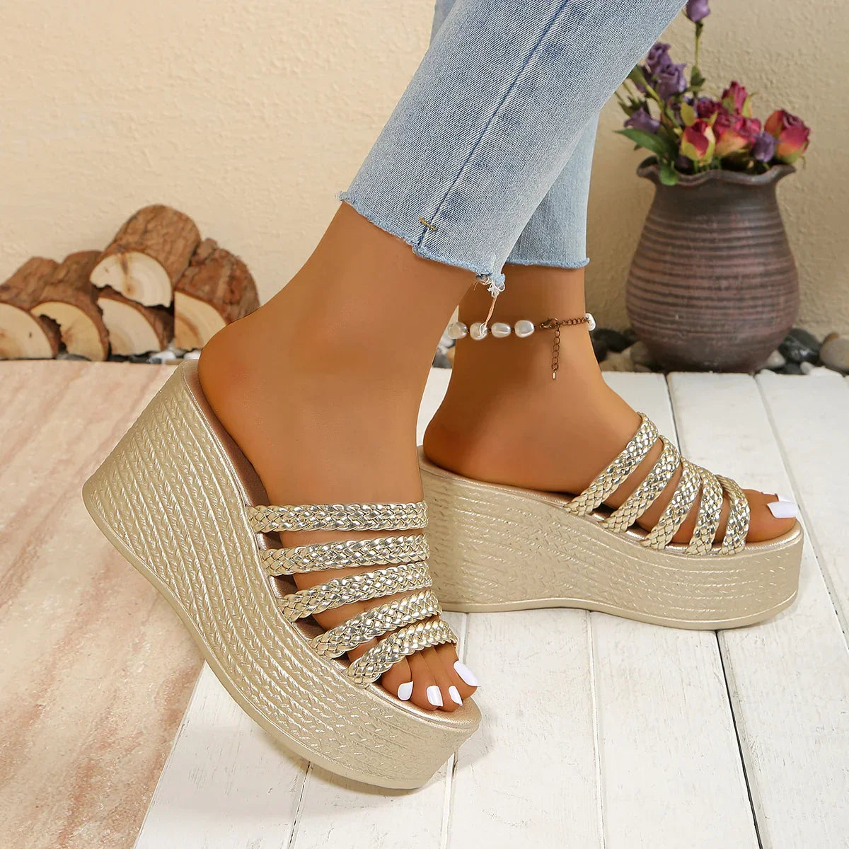 Wedge Slides 9cm High Heels - Piña Colada