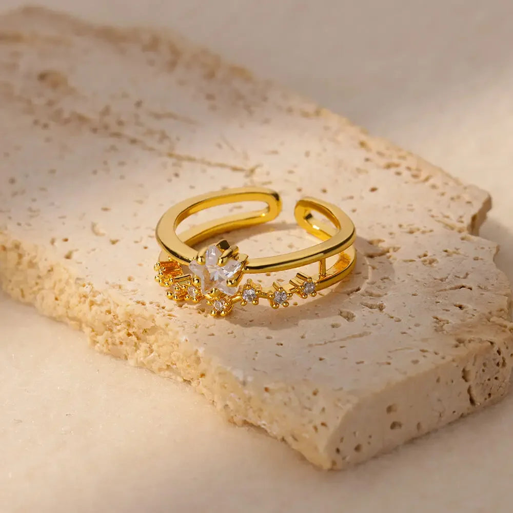 Gold Heart Zircon Ring – Stainless Steel Geometric - Piña Colada
