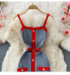Patchwork Knit Mini Dress – Spaghetti Strap Streetwear - Piña Colada