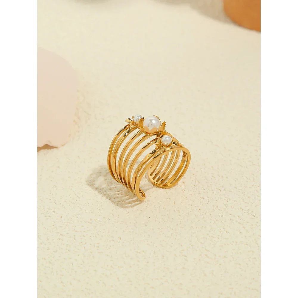 Gold Plated Pearl Aesthetic Wide Ring - Piña Colada