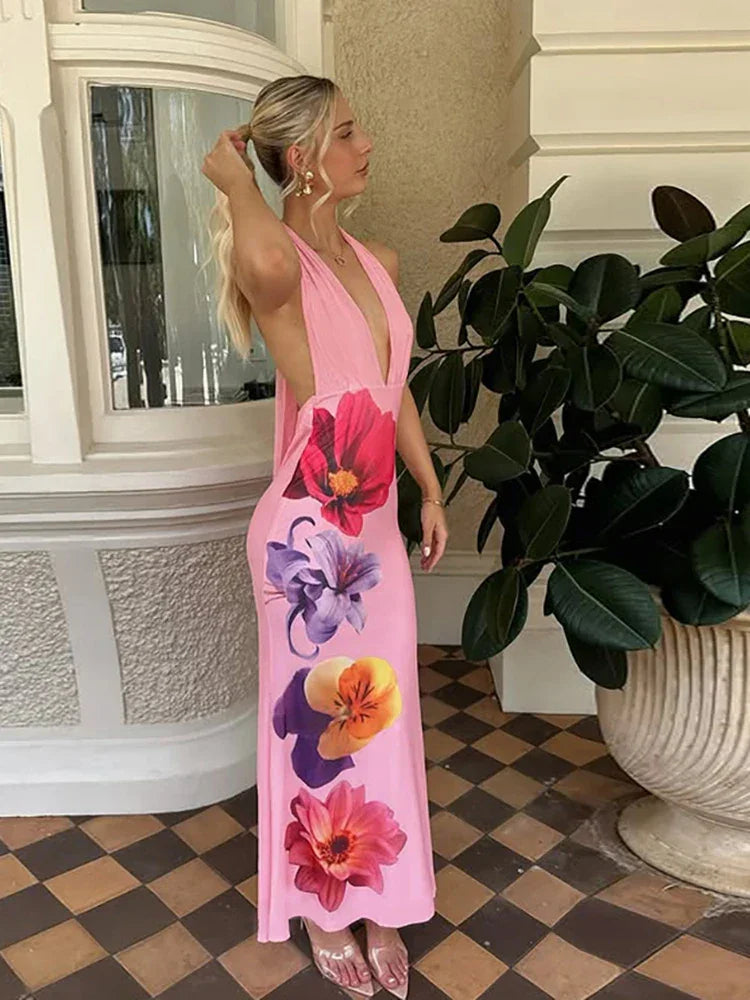 Flower Print Dress Women Backless - Piña Colada