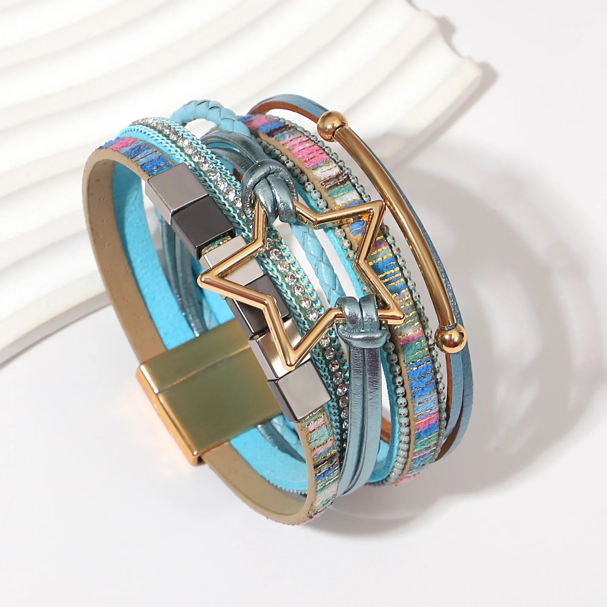 Hollow Star Weave Leather Bracelet - Piña Colada