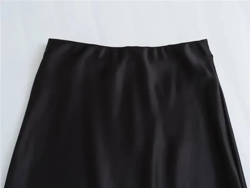 Elegant Satin Midi Skirt – Office Chic Mid-Calf Silhouette - Piña Colada