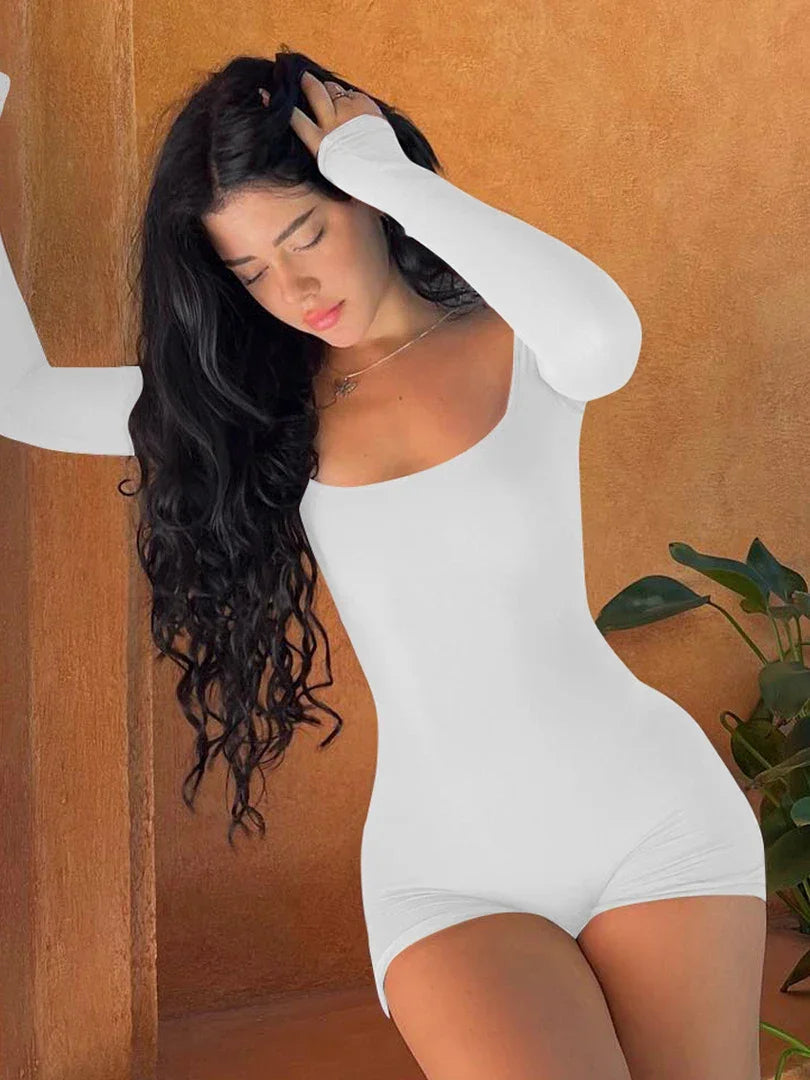 Long Sleeves Backless Solid Lace Up Sexy Slim Skinny Romper - Piña Colada