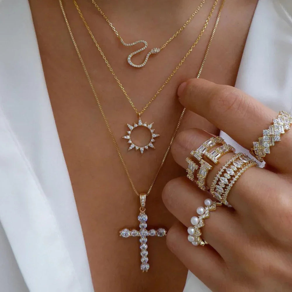Boho Multi-Layer Gold Crystal Pendant Necklace Set - Piña Colada