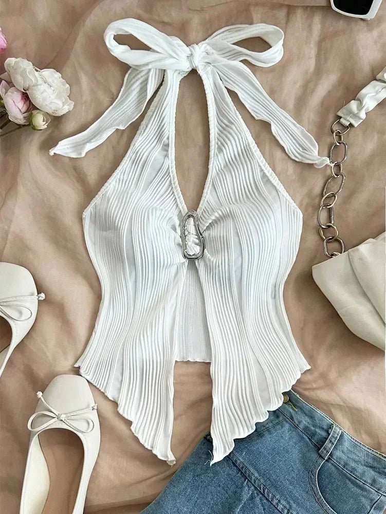 Sexy V-neck Halter Neck Crop Top - Piña Colada