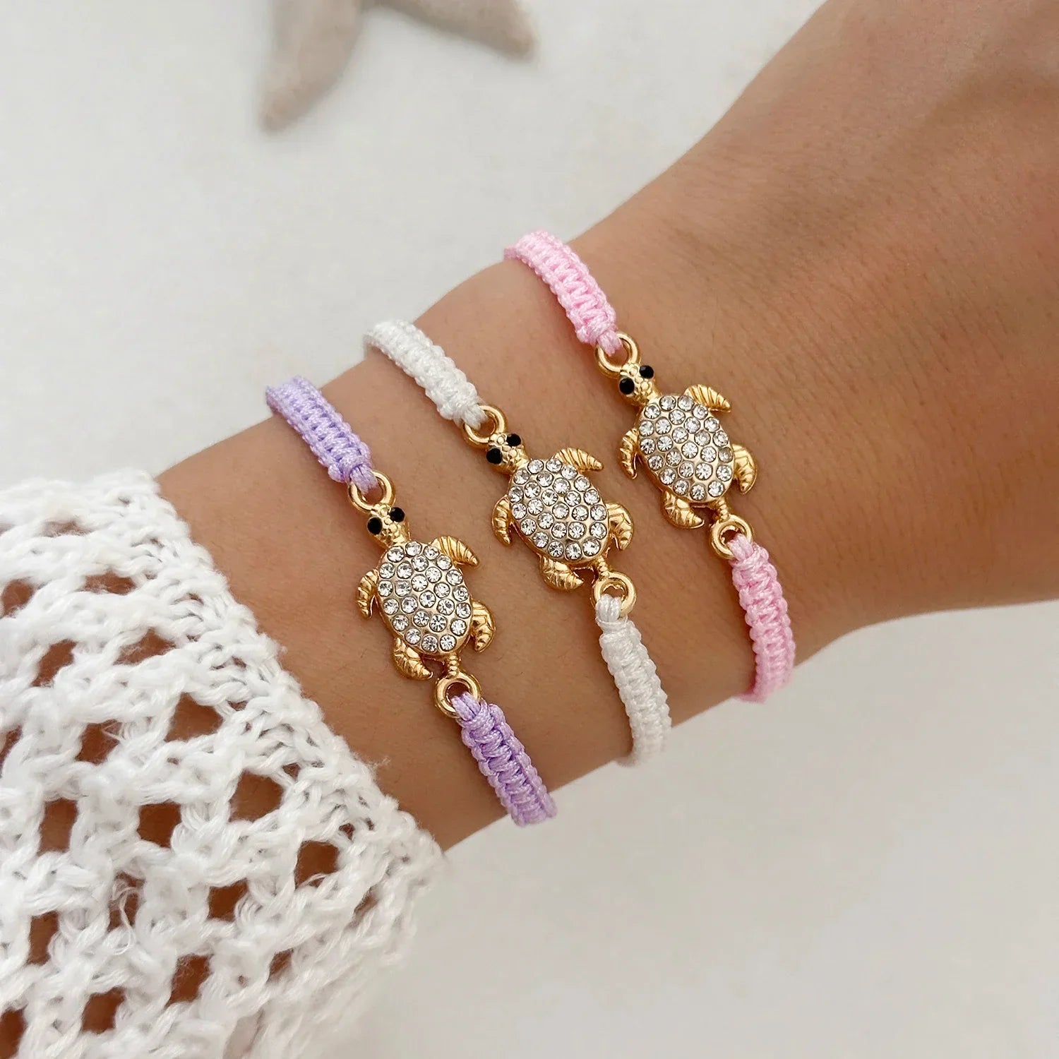 Bohemian Rhinestone Sea Turtle Woven Bracelet - Piña Colada