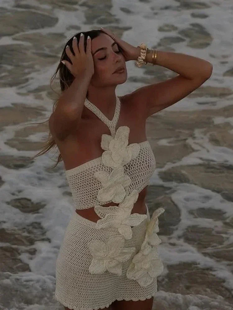 3D Floral Knit Halter Mini Dress – Backless & Sexy for Summer - Piña Colada