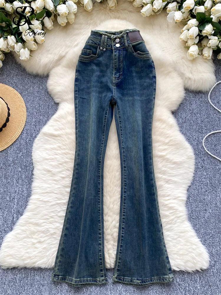 High-Waisted Flared Denim Pants with Faux Zippers – Streetwear Style - Piña Colada