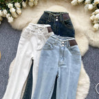High-Waisted Flared Denim Pants with Faux Zippers – Streetwear Style - Piña Colada