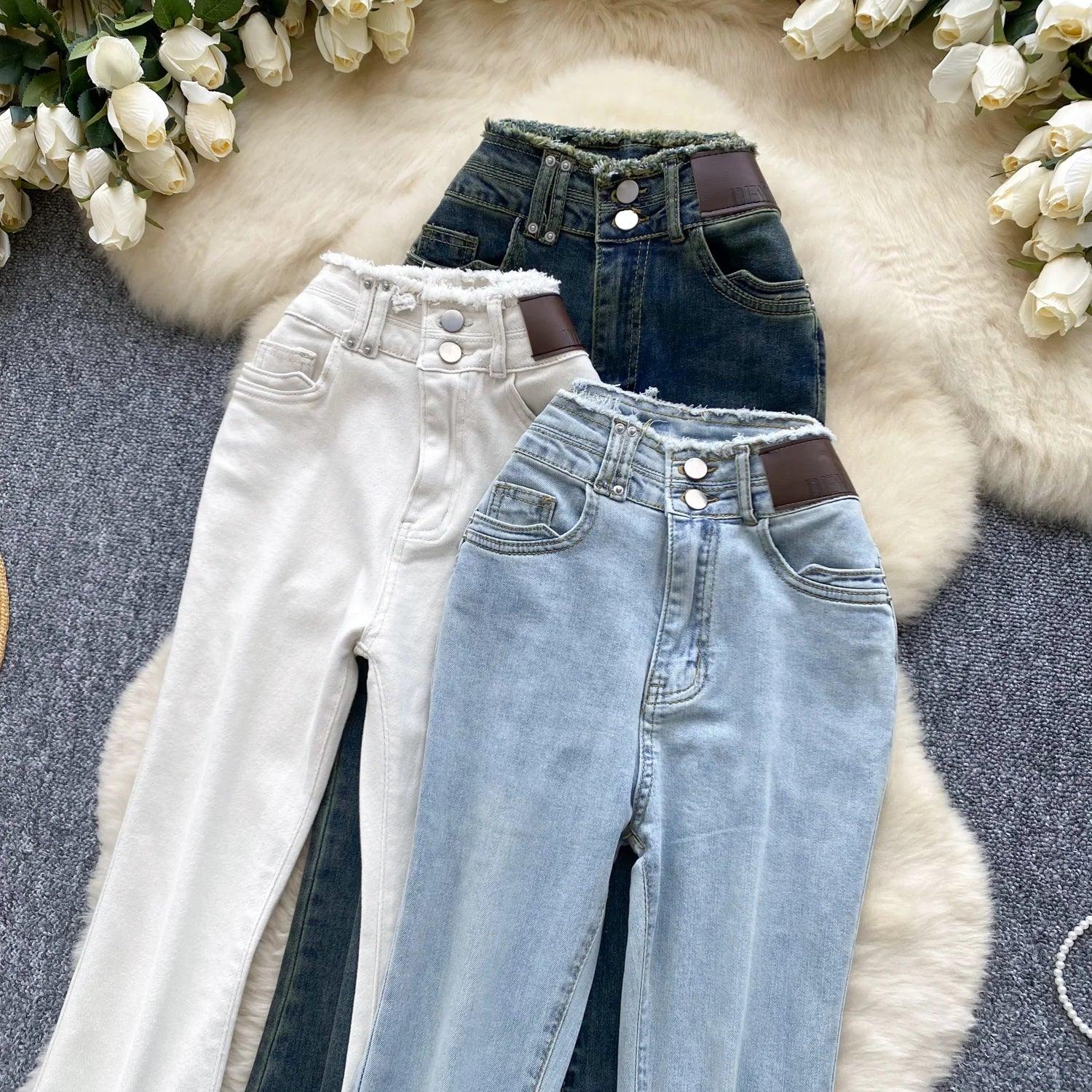 High-Waisted Flared Denim Pants with Faux Zippers – Streetwear Style - Piña Colada