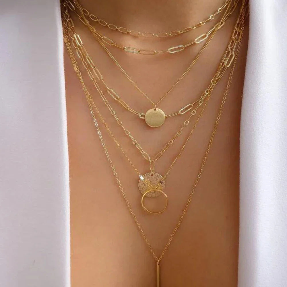 Boho Multi-Layer Gold Crystal Pendant Necklace Set - Piña Colada