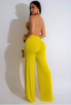 Elegant Halter Deep V Backless Cutout Wide Leg Jumpsuits - Piña Colada
