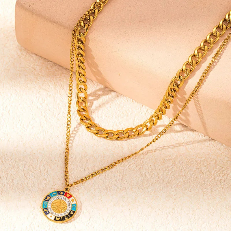 Double Layer Heart & Turquoise Evil Eye Necklace - Piña Colada
