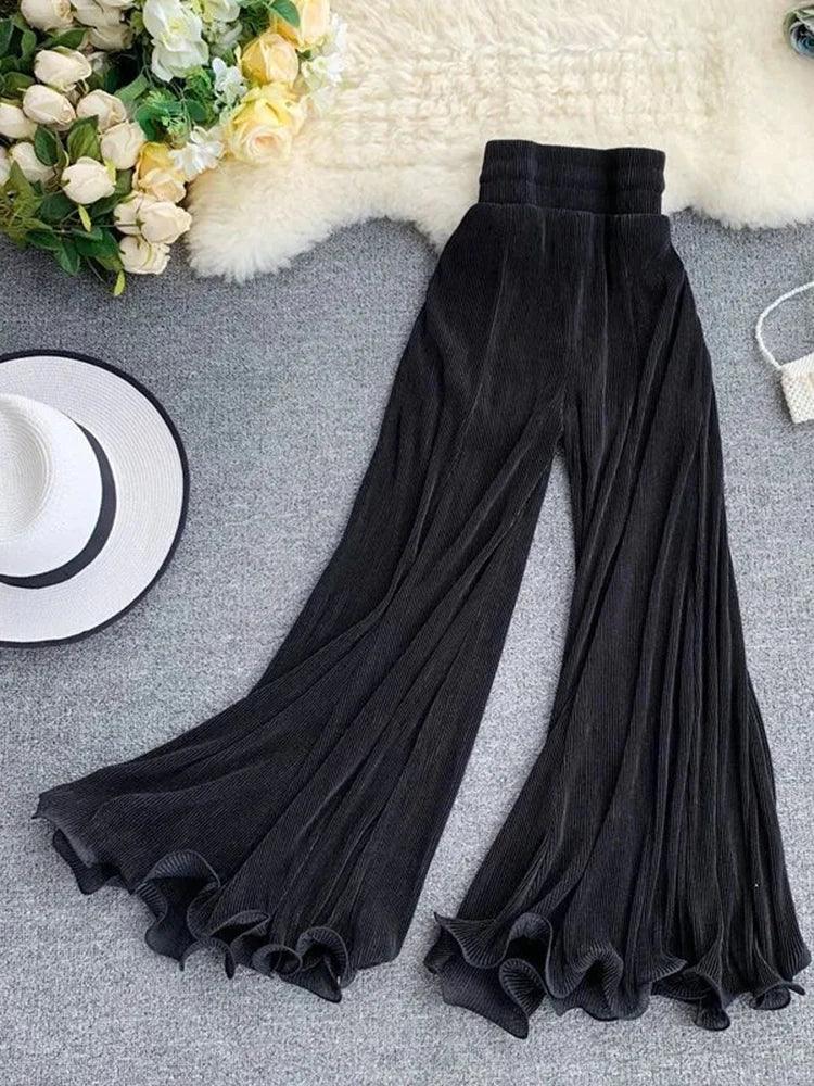 Light Chiffon Flowy Flare Pants – High Waist Summer Casual - Piña Colada