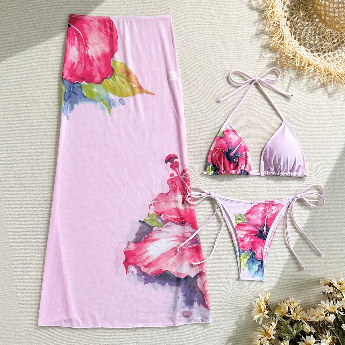 3-Piece High Waist Bikini Set with Skirt – Sexy Beachwear - Piña Colada