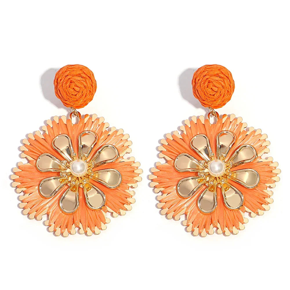 Rattan Plaited Flower Design Pearl Earrings - Piña Colada