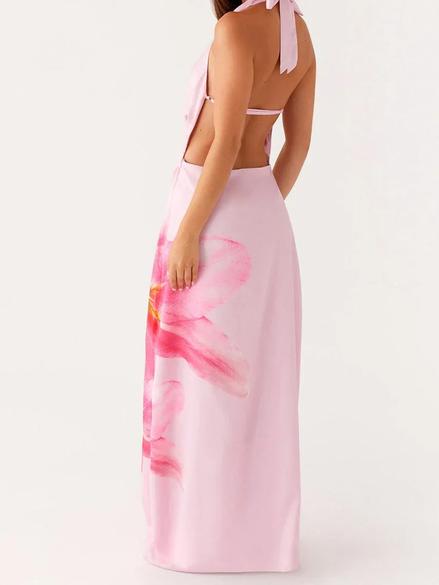 Pink Floral Halterneck Velvet Long Dress – Cocktail & Summer Party Style - Piña Colada
