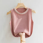 Beaded Knit Crop Tank Top – Casual Stretch Fit - Piña Colada