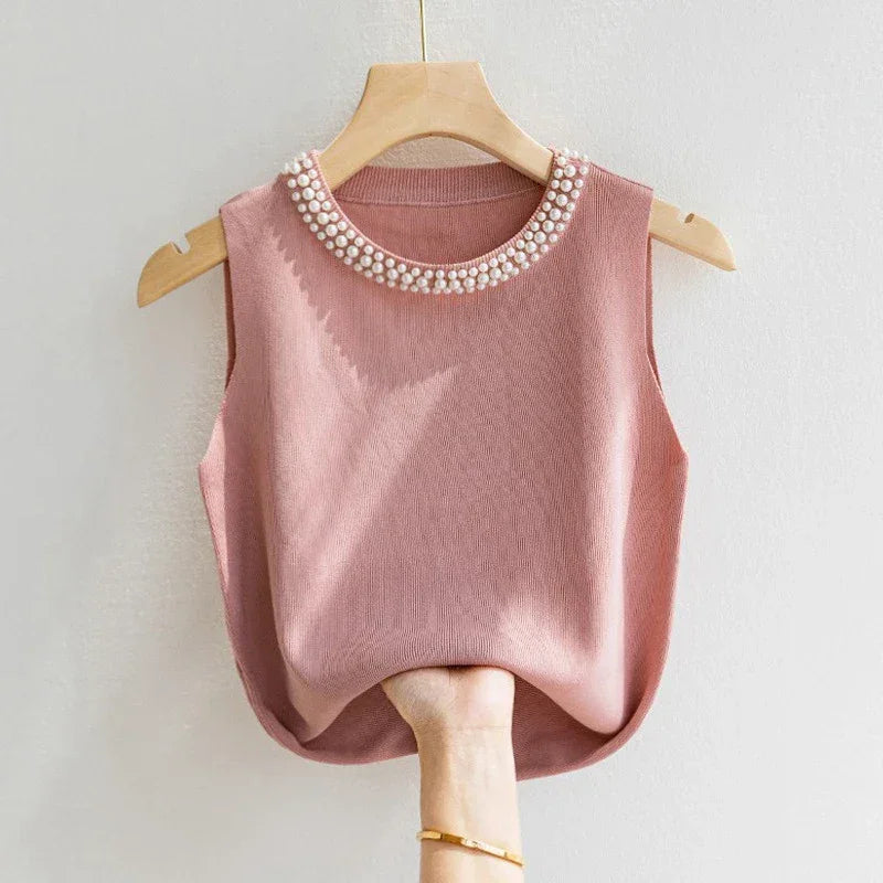 Beaded Knit Crop Tank Top – Casual Stretch Fit - Piña Colada