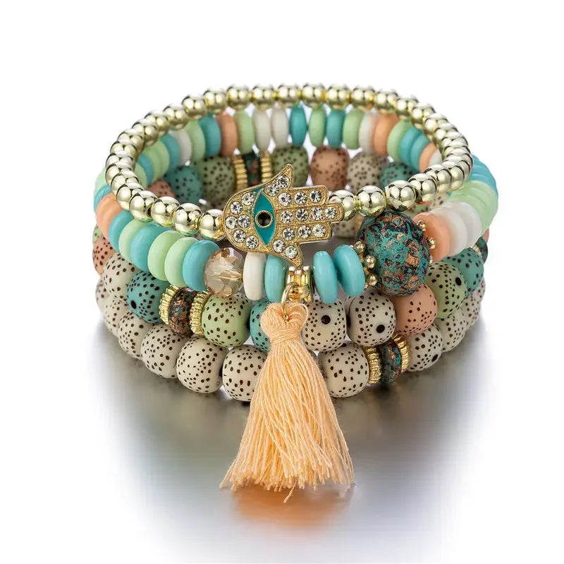 Bohemian Evil Eye Tassel Bracelet Set - Piña Colada