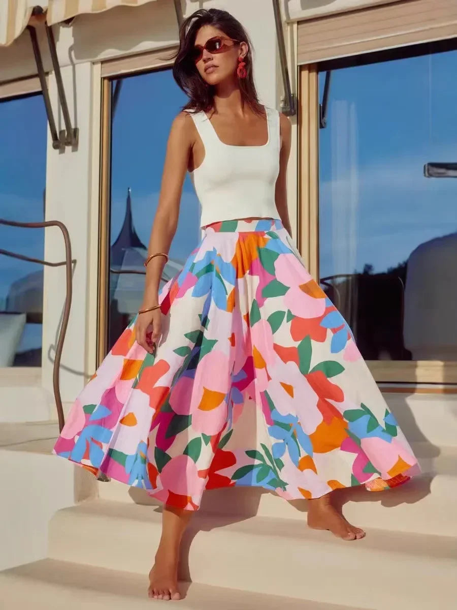 Long Printed Halter Neck Midi Skirt - Piña Colada