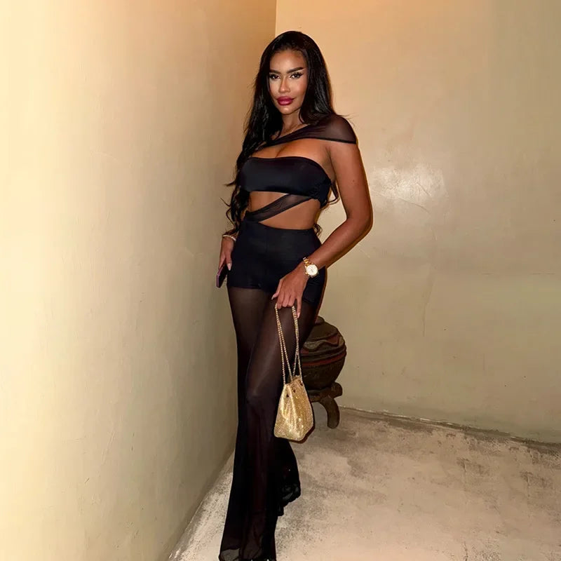 Black mesh patchwork jumpsuit - Piña Colada
