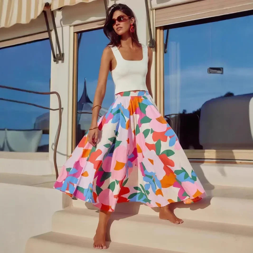 Long Printed Halter Neck Midi Skirt - Piña Colada